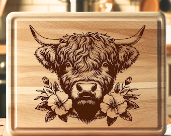 5 Highland Cow SVG Laser Files for Cutting Board, Engraving Bundle for Charcuterie Board and Wood Decor Gift