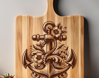 Anchor SVG Wave Laser File, Nautical SVG, Sailing Ship Anchor Laser Engraving file, Port Harbour Boat Anchor Vector, Cutting Board Svg