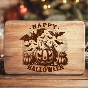 Halloween SVG File, Laser Engraving Bat & Ghost in a Pumpkin, Spooky Design for Cutting Board