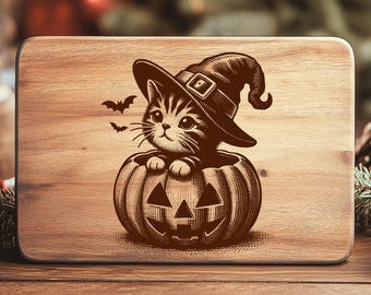 Halloween Cat in a Pumpkin SVG Laser File: Engraving Design for Cutting Board, Wood Decor