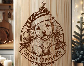 Merry Christmas Golden Retriever SVG Laser File Engraving Design for Cutting Board
