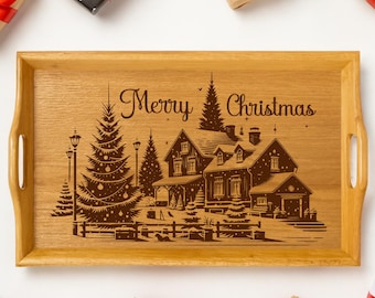 Merry Christmas Town SVG Laser File, Laser Engraving Files for Cutting Board, Winter Scene, Kitchen Decor Gift