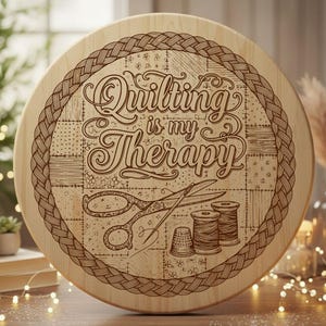 Può includere: Un cartello rotondo in legno con la scritta "Quilting is my Therapy" incisa. Il design include un bordo intrecciato, forbici, rocchetti di filo e un ditale. Il cartello è marrone chiaro, perfetto per gli appassionati di cucito.