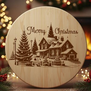 Archivo SVG de escena navideña para grabado láser en tabla de cortar y tabla de embutidos. Archivo de grabado de pueblo navideño invernal. Decoración navideña para la cocina. Regalo.