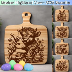 Archivos SVG de vaca de las Tierras Altas para láser de Pascua, lindo bebé vaca y conejito para grabado vectorial en tabla de cortar, tabla de embutidos, paquete de archivos SVG de Pascua