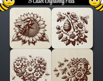 Bees SVG Bundle, 5 Laser Engraving Files, Summer Designs for Cutting Board