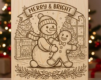 Snowman & Gingerbread Man SVG Laser File Christmas SVG Merry and Bright Engraving Design