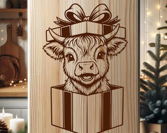 Highland Cow SVG Laser File: Baby Cow in Christmas Gift Engraving Design