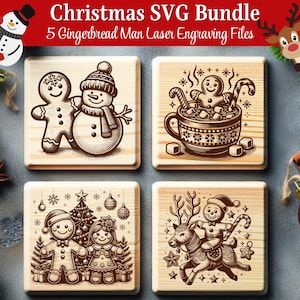 Könnte beinhalten: Quadratische Untersetzer aus Holz mit gravierten Weihnachtsmotiven. Die Designs zeigen einen Lebkuchenmann mit einem Schneemann, einen Lebkuchenmann in einer Tasse, ein Lebkuchenpaar mit einem Weihnachtsbaum und einen Lebkuchenmann auf einem Rentier. Der Text "Christmas SVG Bundle" steht oben.