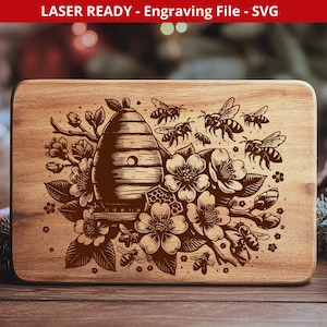 Bijenkorf SVG-laserbestand voor snijplank SVG-gravurebestand voor vleeswarenbord Svg bijenlaserbestand Bijenkorf laser vector honingbij svg