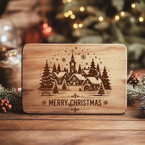 Frohe Weihnachten-Svg-Datei für die Lasergravur, Weihnachtsbaum Laser-Datei-Svg Weihnachtsstadt SVG für Holz-Schneidebrett-Svg-Datei Küche Geschenk