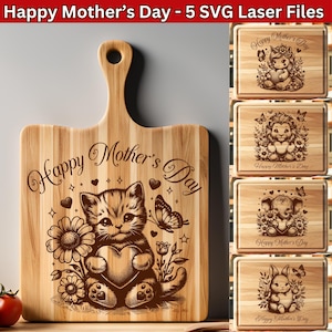 Fichiers SVG laser de bonne fête des mères pour maman, fichiers SVG bébé mignon chat lion éléphant lapin licorne, lot de gravure laser pour planche à découper