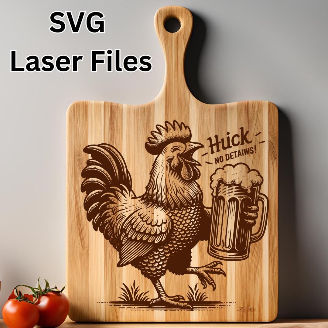 Poulet drôle SVG fichier de gravure laser bière barbecue planche à découper  coq ivre gravure sur bois SVG, art de cuisine humour grill pour les