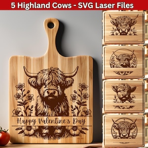 Highland Cow-laserbestanden, lasergravurebundel, snijplank SVG, vleeswarenbord SVG, bloemen baby koe SVG-ontwerpen ontwerpen
