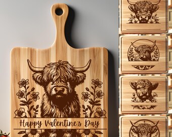Highland Cow Laser Files, Laser Engraving Bundle, Cutting Board SVG, Charcuterie Board SVG, Floral Baby Cow SVG Designs