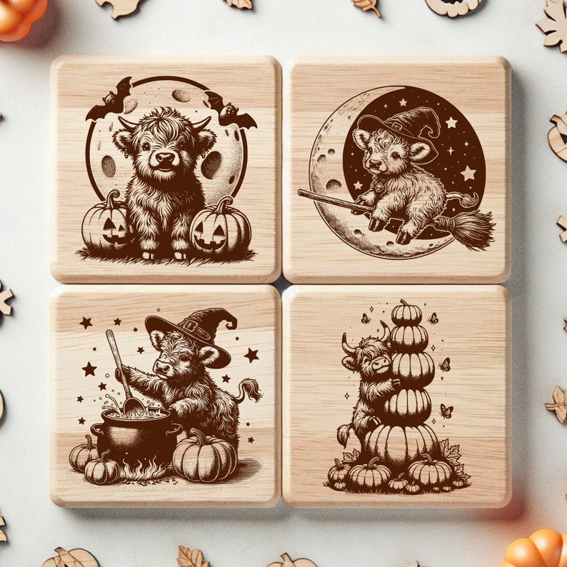Pu&ograve; includere: Set di quattro sottobicchieri quadrati in legno con illustrazioni a tema Halloween. Ogni sottobicchiere presenta una mucca delle Highlands in varie scene spettrali, tra cui zucche, pipistrelli, un cappello da strega e un calderone. I disegni sono in stile rustico.