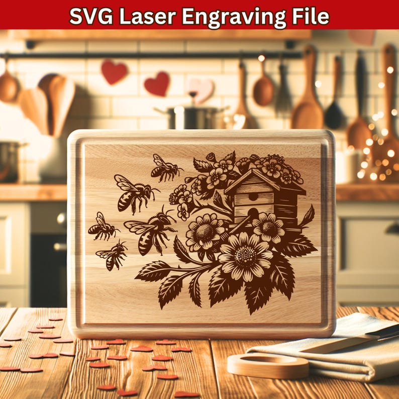 Laser cut files, Cutting board SVG, charcuterie board, Valentines day svg, wedding gift svg, Wood engraving file, for her for him, Couple digital decor, Wild honey bees and, Summer floral bumble bee svg, bee hive svg, queen lover, flowers bee keeper