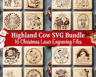 Christmas Highland Cow SVG Bundle Laser Files : 16 Engraving Design for Cutting Board Gift