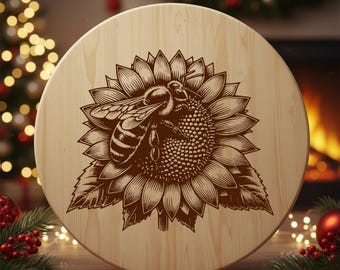 Archivo SVG láser de abeja, archivo SVG de girasol para grabado en tabla de cortar de madera