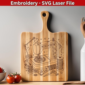 May include: A wooden cutting board with an engraved design of a sewing machine, thread spools, and other sewing tools. The design is in black and white and is surrounded by a border of hearts.