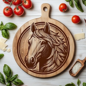 Visage de cheval en cercle SVG, fichier de gravure laser cheval, fichier vectoriel de Style rustique pour planche à découper en bois - achat de 3 ou plus, 50 % de réduction