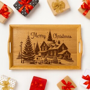 Christmas Village SVG Laser File, Merry Christmas SVG, Engraving Design for Cutting Board, Winter Christmas Scene, Kitchen Decor Gift
