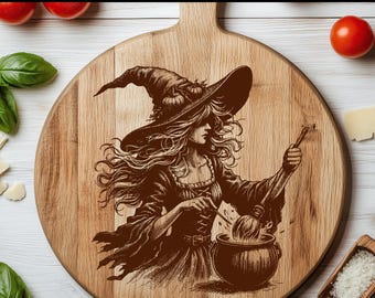 File SVG per incisione laser di una strega di Halloween: disegno per incisione su tagliere.