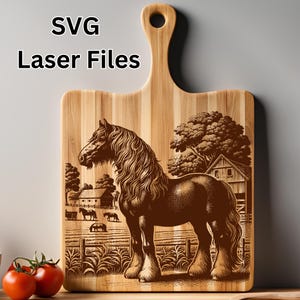 Archivo SVG láser de caballo en la granja para grabado, diseño vectorial rústico para tablas de cortar de madera, posavasos y letreros: compre 3 o más y obtenga un 50% de descuento.
