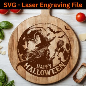 Archivo de grabado láser SVG de Halloween, archivo láser de Feliz Halloween, proyecto láser de bruja de temporada espeluznante, diseño de tabla de cortar para decoración del hogar