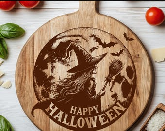 Glad Halloween-häxa lasergraveringsfil SVG-design för skärbräda