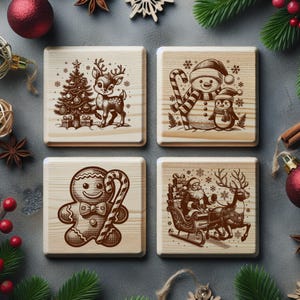 May include: Set of four square wooden coasters with engraved Christmas designs. Includes a reindeer with a Christmas tree, a snowman and penguin, a gingerbread man, and Santa in a sleigh. The coasters are light brown.