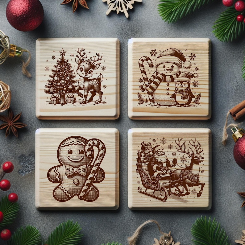 May include: Set of four square wooden coasters with engraved Christmas designs. Includes a reindeer with a Christmas tree, a snowman and penguin, a gingerbread man, and Santa in a sleigh. The coasters are light brown.