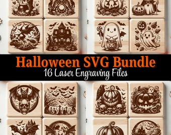Pacchetto di file SVG per incisione laser a tema Halloween, 16 disegni inclusi, download immediato.