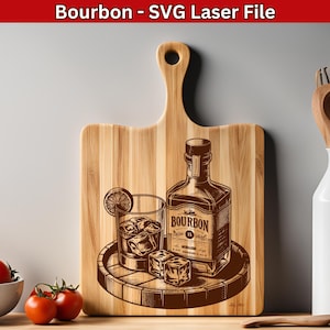 Bourbon Flasche & Glas SVG Laserdatei Bourbon SVG für Schneidebrett Gravur Design, Barrel Whisky Liebhaber Gravieren Vektor Charcuterie Board