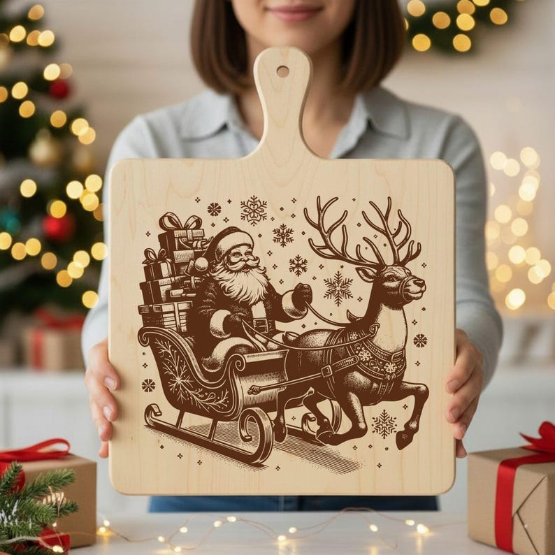 May include: A wooden cutting board with a handle, featuring a brown illustration of Santa Claus in a sleigh pulled by a reindeer, surrounded by snowflakes. The sleigh is loaded with gifts, perfect for holiday decor or serving.