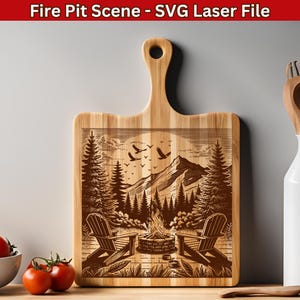 Fichiers laser de chaises Adirondack SVG de foyer, scène de montagne de feu de camp pour la conception de gravure SVG de planche à découper, vecteur pour la planche de charcuterie Svg