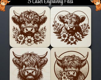 Highland Cow Laser Engraving Files SVG Bundle for Cutting Board 5 Designs Included