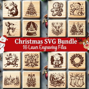 Könnte beinhalten: Eine Sammlung von 16 lasergeschnittenen Holzquadraten mit weihnachtlichen Motiven. Die Designs umfassen den Weihnachtsmann, Weihnachtsbäume, Schneemänner, Rentiere, Lebkuchenmänner und andere festliche Elemente. Der Text "Christmas SVG Bundle" ist zu sehen.