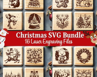 Christmas SVG Bundle Laser Files, Christmas Tree, Santa, Snowman, Reindeer & More : 16 Engraving Design for Cutting Board Gift