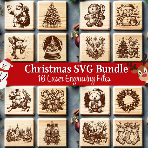 Christmas SVG Bundle Laser Files, Christmas Tree, Santa, Snowman, Reindeer & More : 16 Engraving Design for Cutting Board Gift