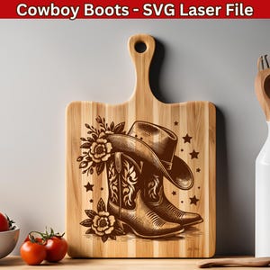 Cowboy Hut SVG Laserdatei, Texas Cowgirl Stiefel Vektor Gravur für Charcuterie & Schneidebrett SVG, Floral Rodeo Design