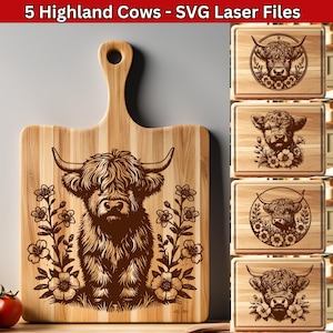 Highland Cow SVG-laserbestanden voor snijplank SVG, lasergravure bundel voor charcuterie bord SVG, bloemen baby koe keuken decor cadeau