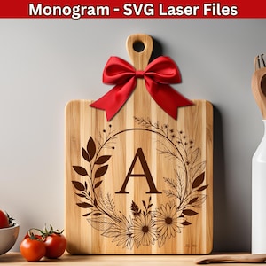 Monogram SVG snijplank SVG laserbestanden, onderzetters lasergravure bestanden, gepersonaliseerde huwelijkscadeau SVG, bloemen monogram laserbestanden
