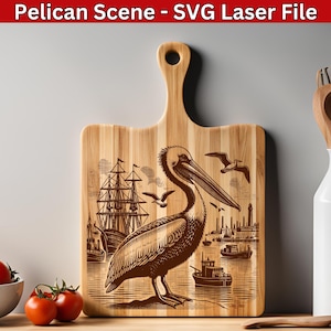 Pelikan SVG Wasservogel Laser-Datei, Ozean Szene SVG, Küsten Seevogel Lasergravur Datei, Nautik Gravur Vektor für Holz Schneidebrett svg