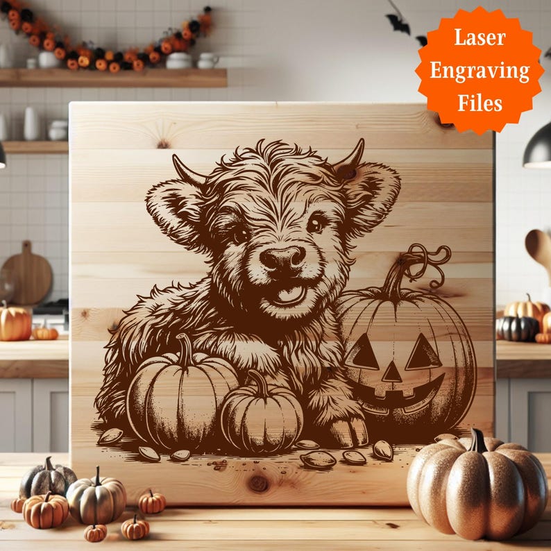 Pu&ograve; includere: Un cartello in legno con un disegno inciso al laser di una mucca delle Highlands e zucche. La mucca sorride e ci sono tre zucche, una con una faccia di lanterna. Il cartello ha il testo "Laser Engraving Files" in un cerchio arancione.