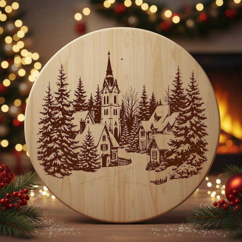 May include: A round wooden cutting board with a detailed etched winter village scene. The design features a church, houses, and evergreen trees. The board is light-colored wood, perfect for holiday decor or kitchen use.
