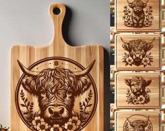 Highland Cow SVG Cutting Board Svg, Highland Cow Laser files, Charcuterie Board Svg, Laser Engraving Bundle, Chopping Board Kitchen Decor
