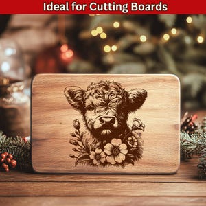 Laser cut files, Cutting board SVG, Laser engraving file, glowforge xtool, charcuterie board, cheese board svg, highland cow svg, baby cow vector file, highland cow design, floral cow laser, engrave file svg, svg bundle, kitchen decor svg