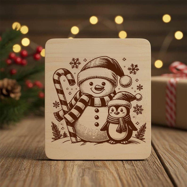 May include: A wooden Christmas-themed plaque featuring a snowman and a penguin, both wearing hats and scarves. The snowman holds a candy cane. Snowflakes are scattered around the figures. The design is in shades of brown and beige.