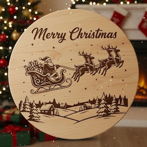 May include: A round wooden Christmas decoration with the words "Merry Christmas" engraved at the top. The design features Santa Claus in a sleigh pulled by reindeer, with a snowy landscape and houses at the bottom.